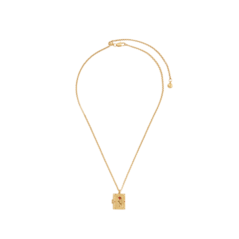Fable England Secret Diary gold book locket necklace with adjustable chain and red rose pendant