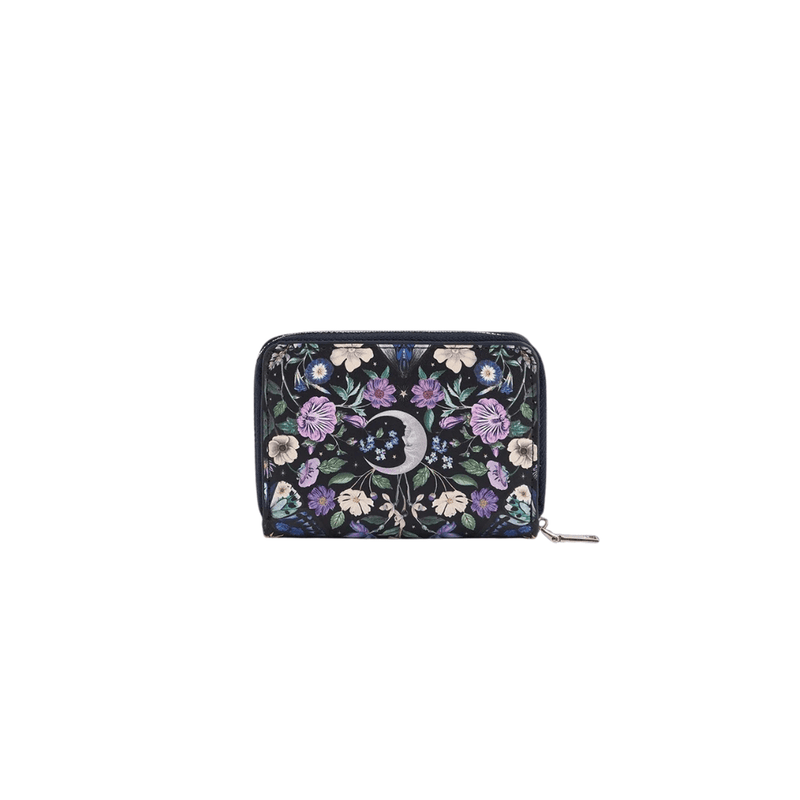 Fable England Selene small navy purse featuring moths, a crescent moon and blue and purple wildflowers
