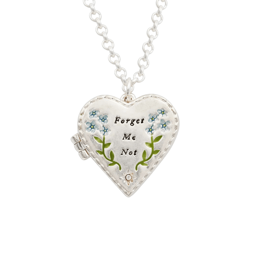 Fable England silver heart locket necklace with blue forget-me-not flowers and engraved Forget Me Not message