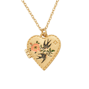 Fable England gold heart locket necklace with two black swallows, pink blossom and green leaves
