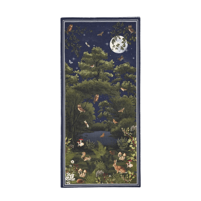 Fable England Woodland Meadow large rectangular navy scarf with moonlit forest, owls, rabbits and woodland wildlife