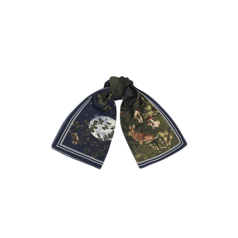 Fable England navy woodland scarf tied in a loose knot showing the moon, rabbit and botanical print