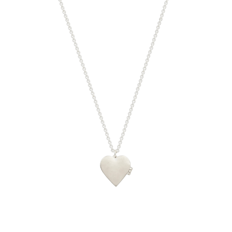 Plain silver reverse of Fable England Forget Me Not heart locket necklace with hinged side