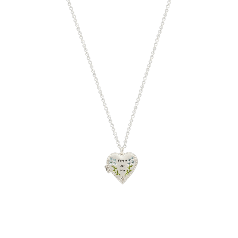 Silver floral heart locket with delicate blue enamel flowers, green leaves and Forget Me Not inscription