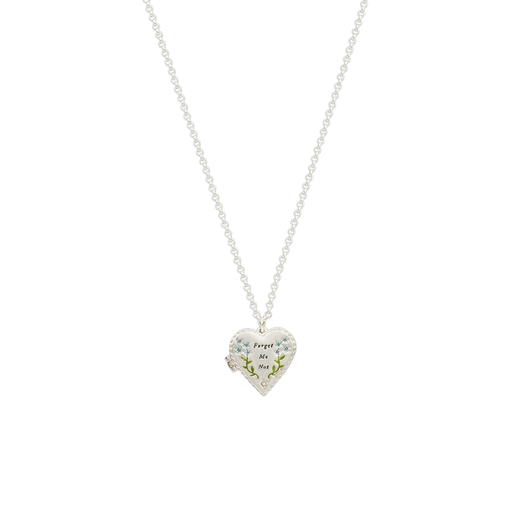 Silver floral heart locket with delicate blue enamel flowers, green leaves and Forget Me Not inscription