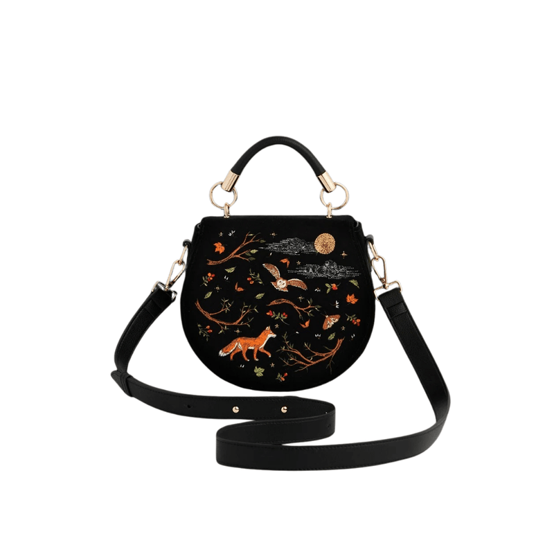 Black velvet fox and owl saddle bag with detachable adjustable shoulder strap and gold-toned fittings