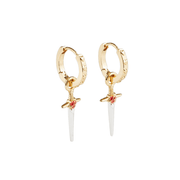Angled view of gold heart-patterned huggie hoops with red rose and silver dagger charms