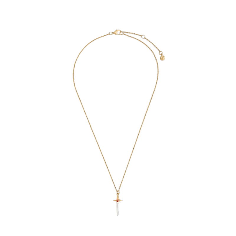 Full view of Fable England Gold Rose & Dagger Necklace showing the pendant, lobster clasp and extender chain