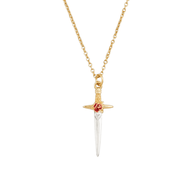 Close-up of Fable England dagger necklace featuring a gold hilt, silver-coloured blade and hand-painted red enamel rose