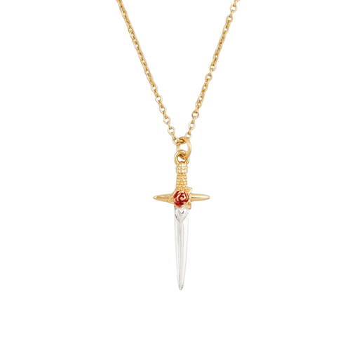 Close-up of Fable England dagger necklace featuring a gold hilt, silver-coloured blade and hand-painted red enamel rose