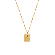 Miniature gold diary pendant with red rose design hanging from a delicate necklace chain