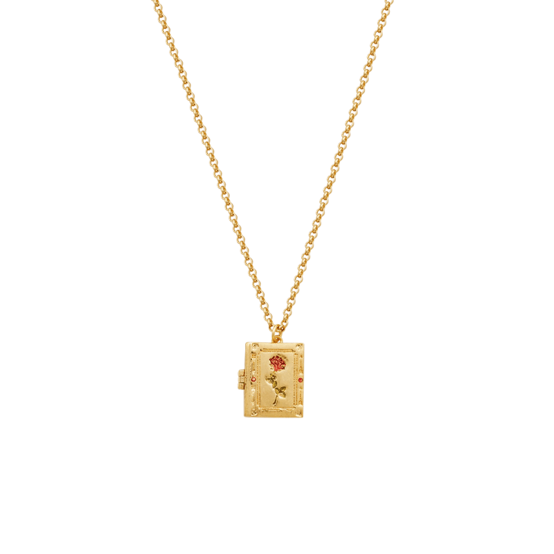 Miniature gold diary pendant with red rose design hanging from a delicate necklace chain