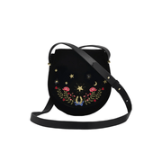Front of black velvet Fable England saddle bag with crescent moon, roses and lucky horseshoe embroidery