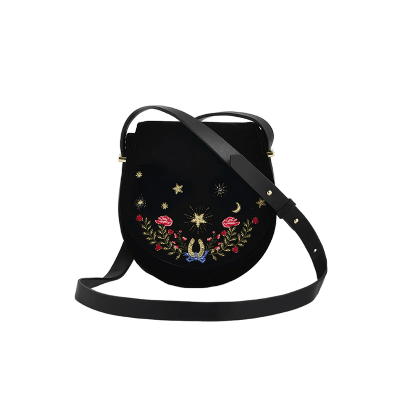Front of black velvet Fable England saddle bag with crescent moon, roses and lucky horseshoe embroidery