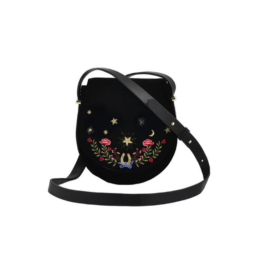 Front of black velvet Fable England saddle bag with crescent moon, roses and lucky horseshoe embroidery