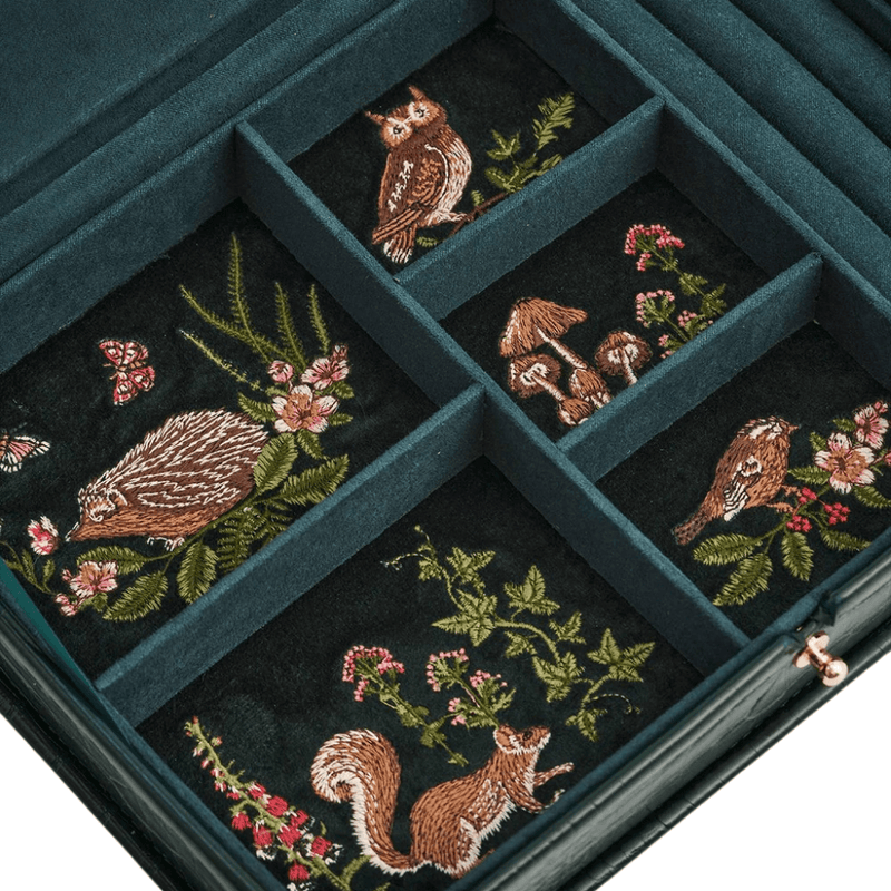 Close-up of woodland embroidery inside jewellery box featuring hedgehog, owl, squirrel, birds, flowers and mushrooms