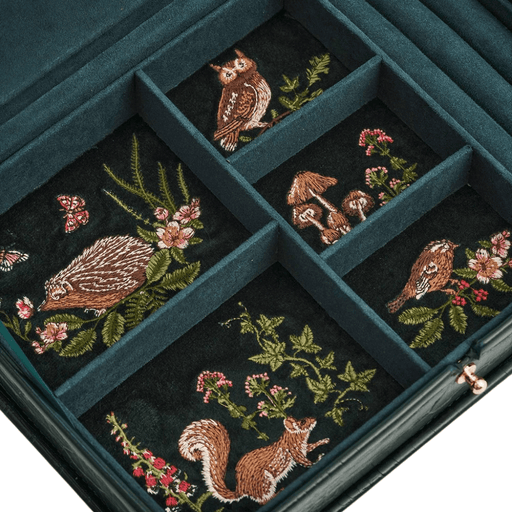 Close-up of woodland embroidery inside jewellery box featuring hedgehog, owl, squirrel, birds, flowers and mushrooms