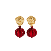 Reverse of Fable England pomegranate earrings showing gold flower backs and smooth red fruit charms