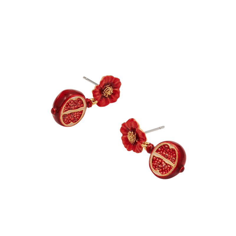 Side view of red pomegranate earrings showing golden seed detailing and sculpted flower studs