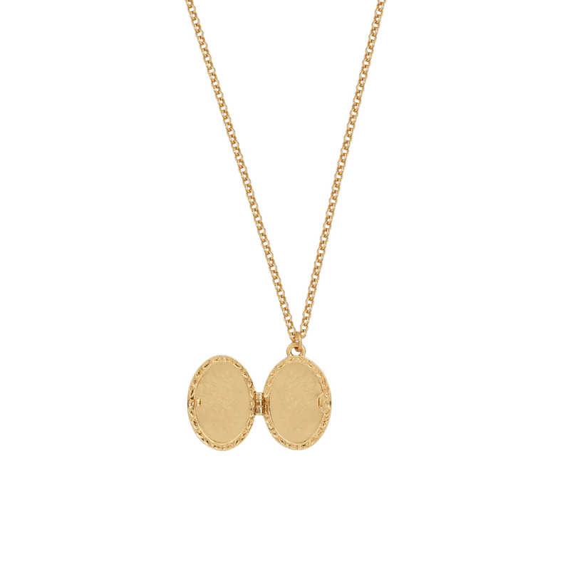 Open gold oval robin locket showing two internal spaces for treasured photographs