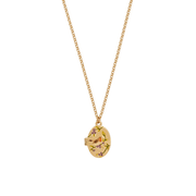 Front of oval gold locket with detailed hand-painted robin, blackberry flowers and leaves