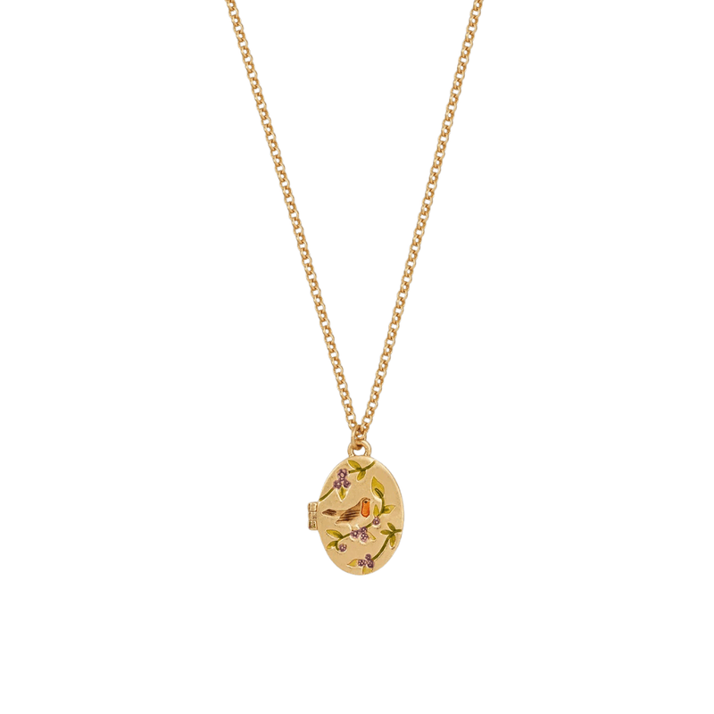 Front of oval gold locket with detailed hand-painted robin, blackberry flowers and leaves