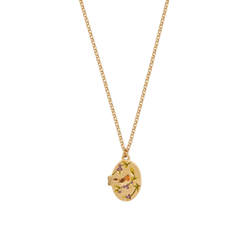 Front of oval gold locket with detailed hand-painted robin, blackberry flowers and leaves