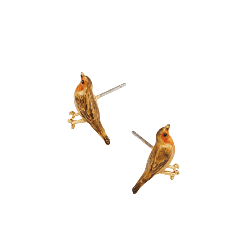 Side view of hand-painted gold robin stud earrings showing sculpted wings, orange breasts and earring posts