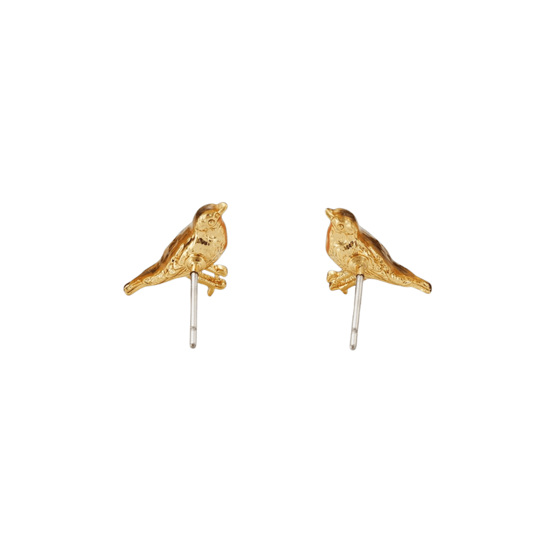 Rear view of Fable England gold robin stud earrings showing silver-coloured posts and detailed bird backs