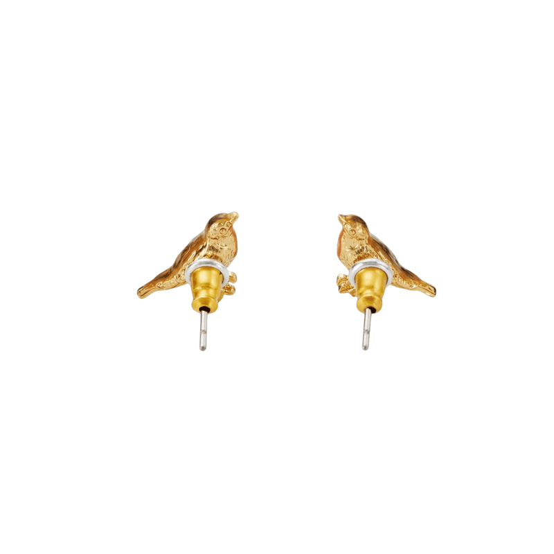 Reverse of gold robin earrings with posts and clutch-style earring backs