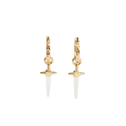 Reverse of Fable England gold Rose and Dagger Huggie Earrings showing heart-embossed hoops and silver-coloured dagger blades