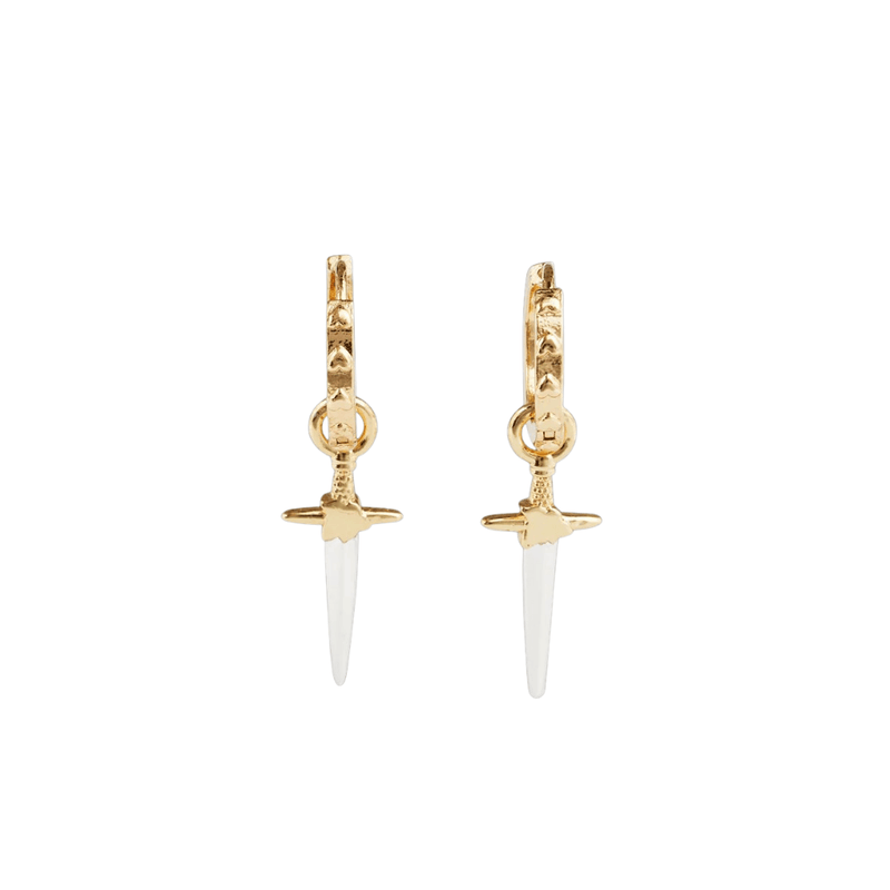 Reverse of Fable England gold Rose and Dagger Huggie Earrings showing heart-embossed hoops and silver-coloured dagger blades