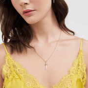 Model wearing the Fable England Gold Rose & Dagger Necklace with a miniature dagger pendant