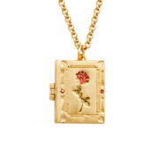 Close-up of gold book-shaped locket with hand-painted red rose, hearts, arrows and red cubic zirconia