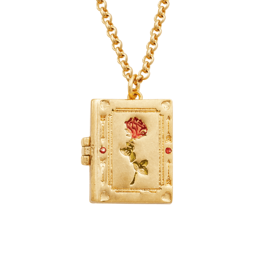 Close-up of gold book-shaped locket with hand-painted red rose, hearts, arrows and red cubic zirconia