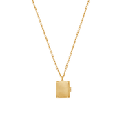 Reverse of Fable England rectangular gold book locket showing the plain back and hinged edge
