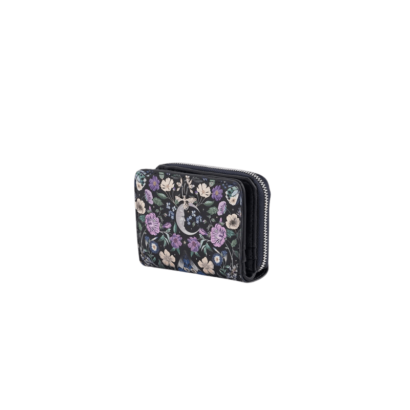 Angled view of Fable England Selene small purse showing its floral print and zip-around compartment