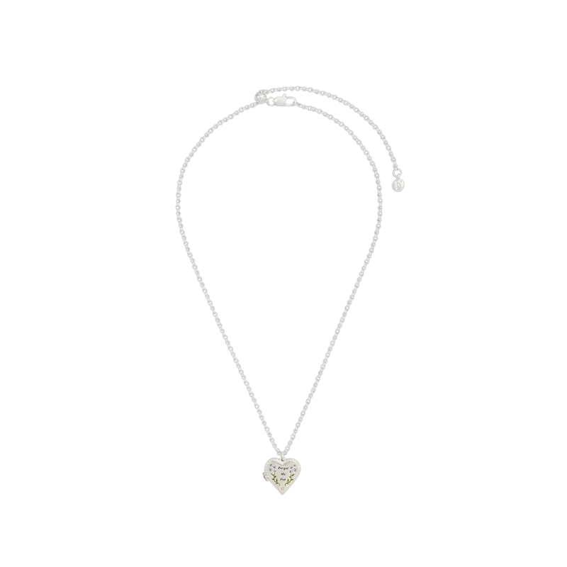 Full view of Fable England silver heart locket necklace with adjustable chain and lobster clasp