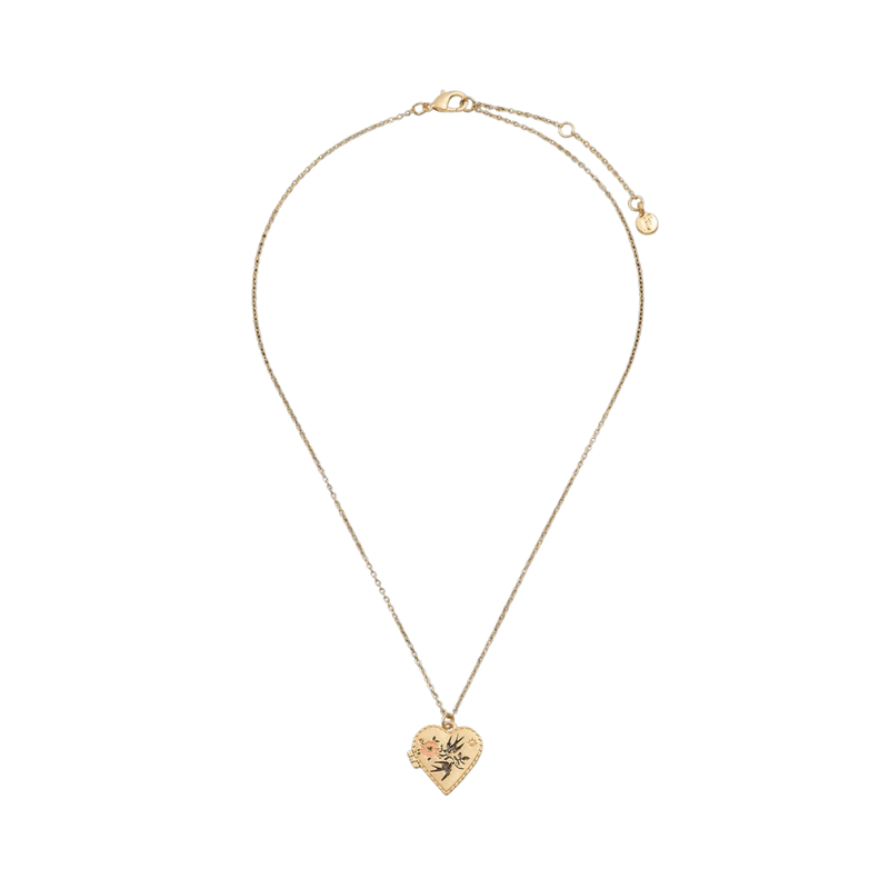 Full Fable England swallow heart locket necklace with gold chain and extender