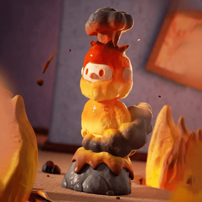 Farmer Bob Feeling You “Furious” mini erupting from smoky lava plume in fiery red and orange.
