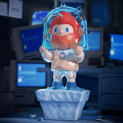 Farmer Bob Feeling You “Anxious” design wearing a spiked ice-helmet in a retro computer lab.
