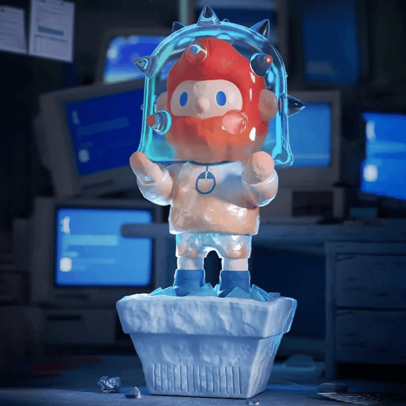 Farmer Bob Feeling You “Anxious” design wearing a spiked ice-helmet in a retro computer lab.
