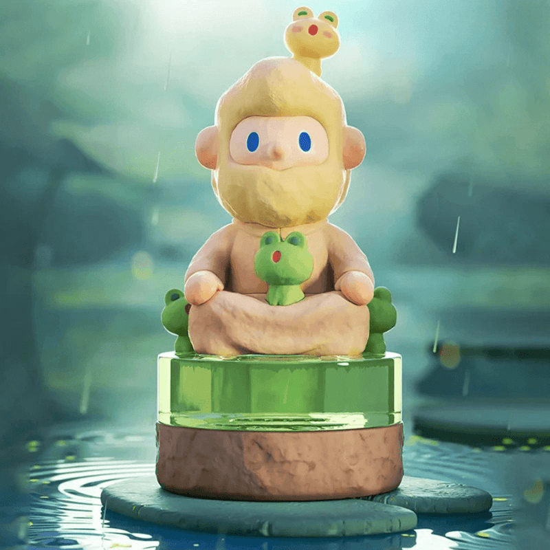Super hidden “Calm”—meditating Bob with tiny frogs on jade plinth amid gentle rain ripples.
