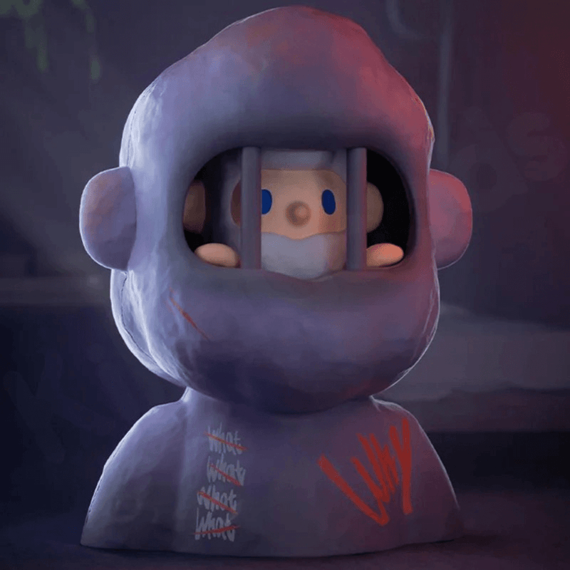 Hidden “Lonely” variant—Bob sits behind bars inside a stone helmet, sombre purple tones.
