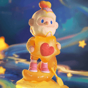 Farmer Bob Feeling You “Peace” figure paddling crescent moon raft holding heart-star cushion.

