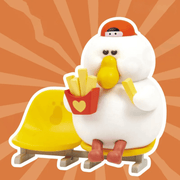 Sneaky Fatgoose eating chips while sitting on a yellow bench