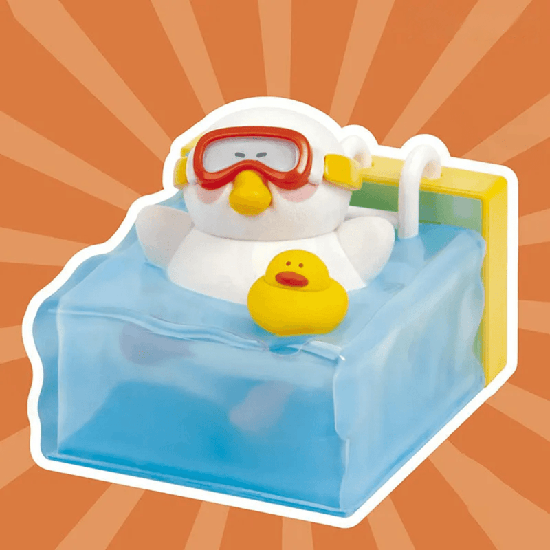 Swimmy Fatgoose wearing swimming goggles in a blue pool with a yellow rubber duck