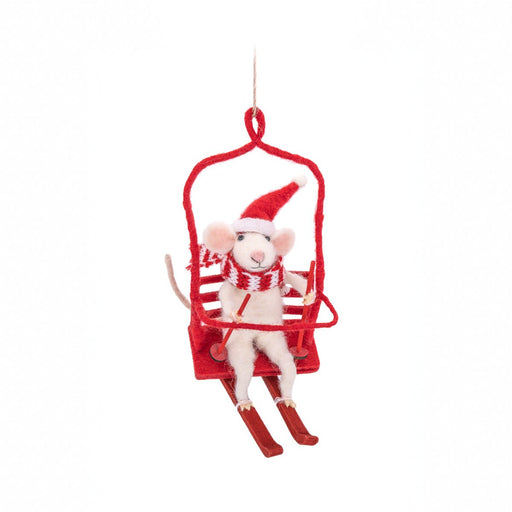 Felt mouse on a red ski lift with Santa hat and scarf, hanging Christmas tree decoration.