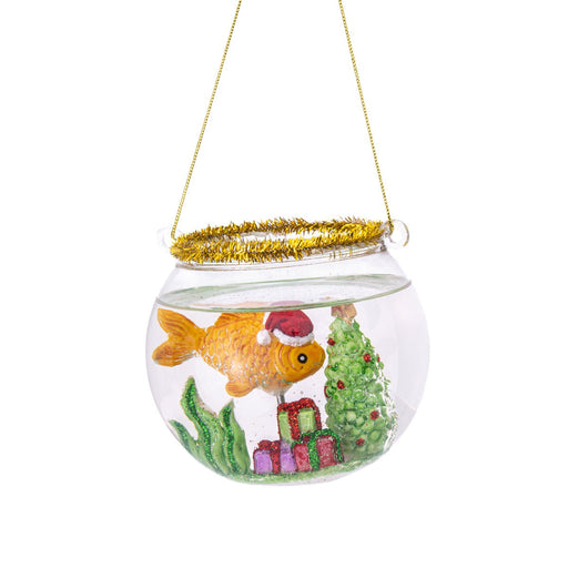 ish bowl–shaped Christmas bauble with goldfish in a Santa hat, mini tree and gifts inside; clear hanging ornament with gold tinsel loop on white.