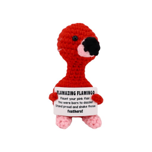 Crochet pink flamingo decoration holding a flamazing encouragement message card